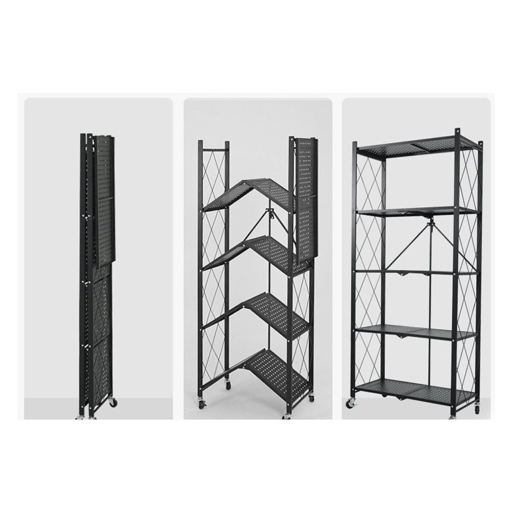 SOGA 5 Tier Steel Black Foldable Kitchen Cart Multi-Functional Shelves Storage Organizer with Wheels