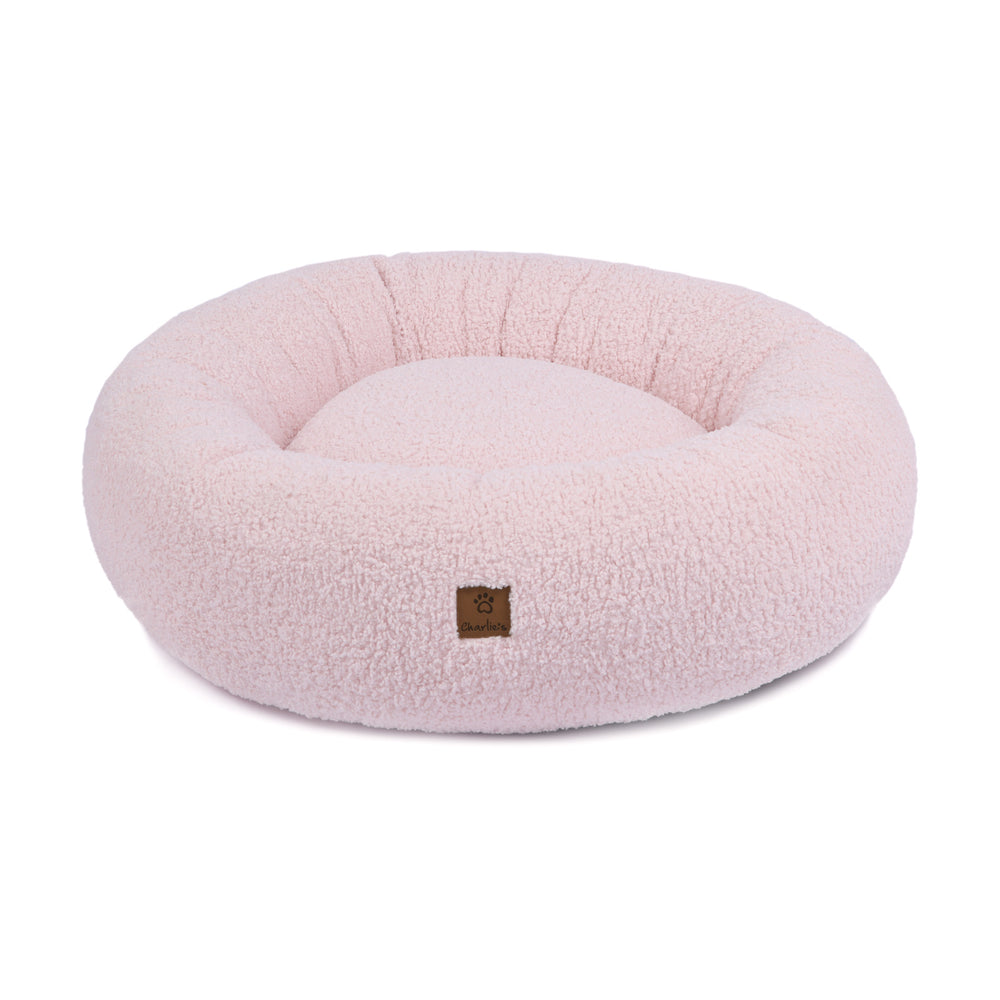 Charlie&#39;s Boucle Style Teddy Fleece Round Donut Dog Bed Pink Large