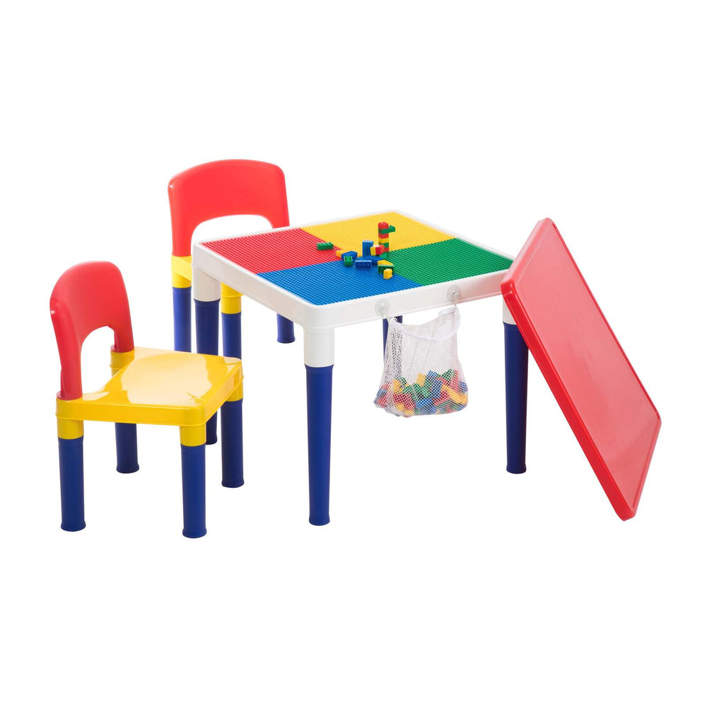 GEM TOYS Children&#39;s 2-in-1 Building Blocks Table &amp; Chairs Set w/ 100 Blocks