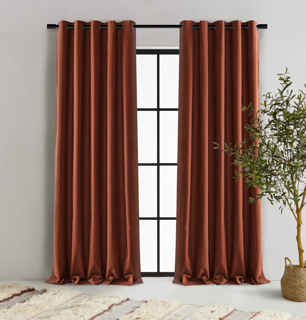 Cadence &amp; Co Byron Matte Velvet 100% Blockout Eyelet Curtains Twin Pack Rust 90x223cm