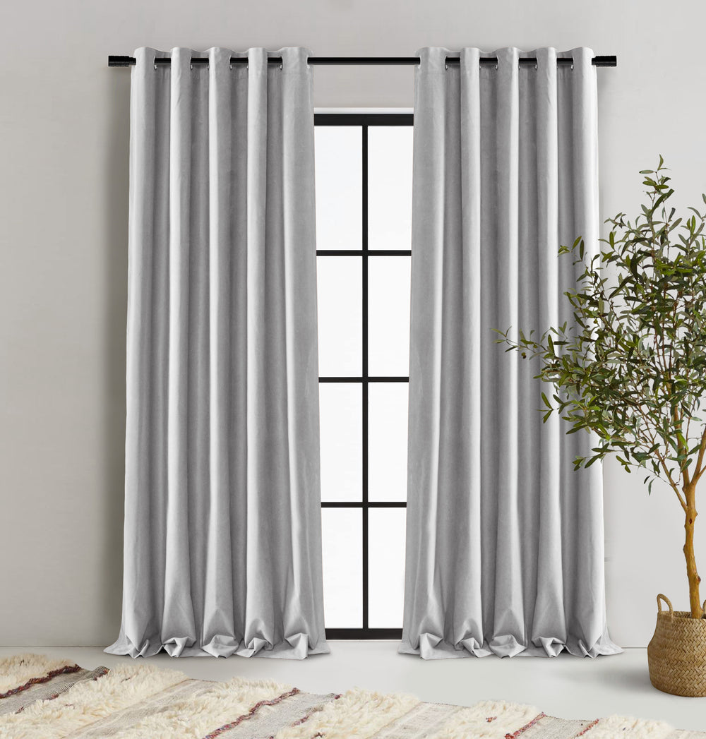 Cadence &amp; Co Byron Matte Velvet 100% Blockout Eyelet Curtains Twin Pack Silver 135x223cm