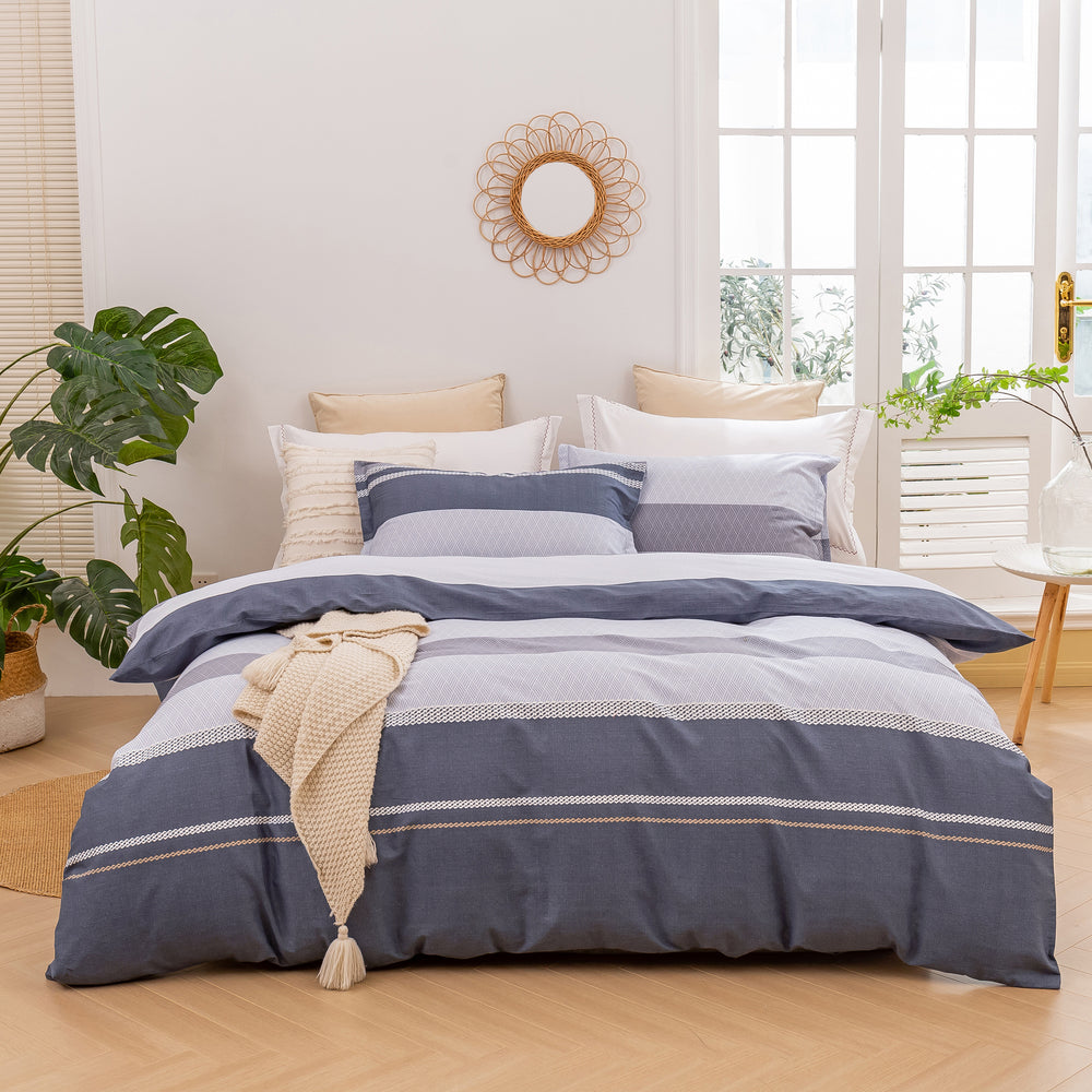 Dreamaker Portofino Stripe 100% Cotton Quilt Cover Set Blue King Single Bed