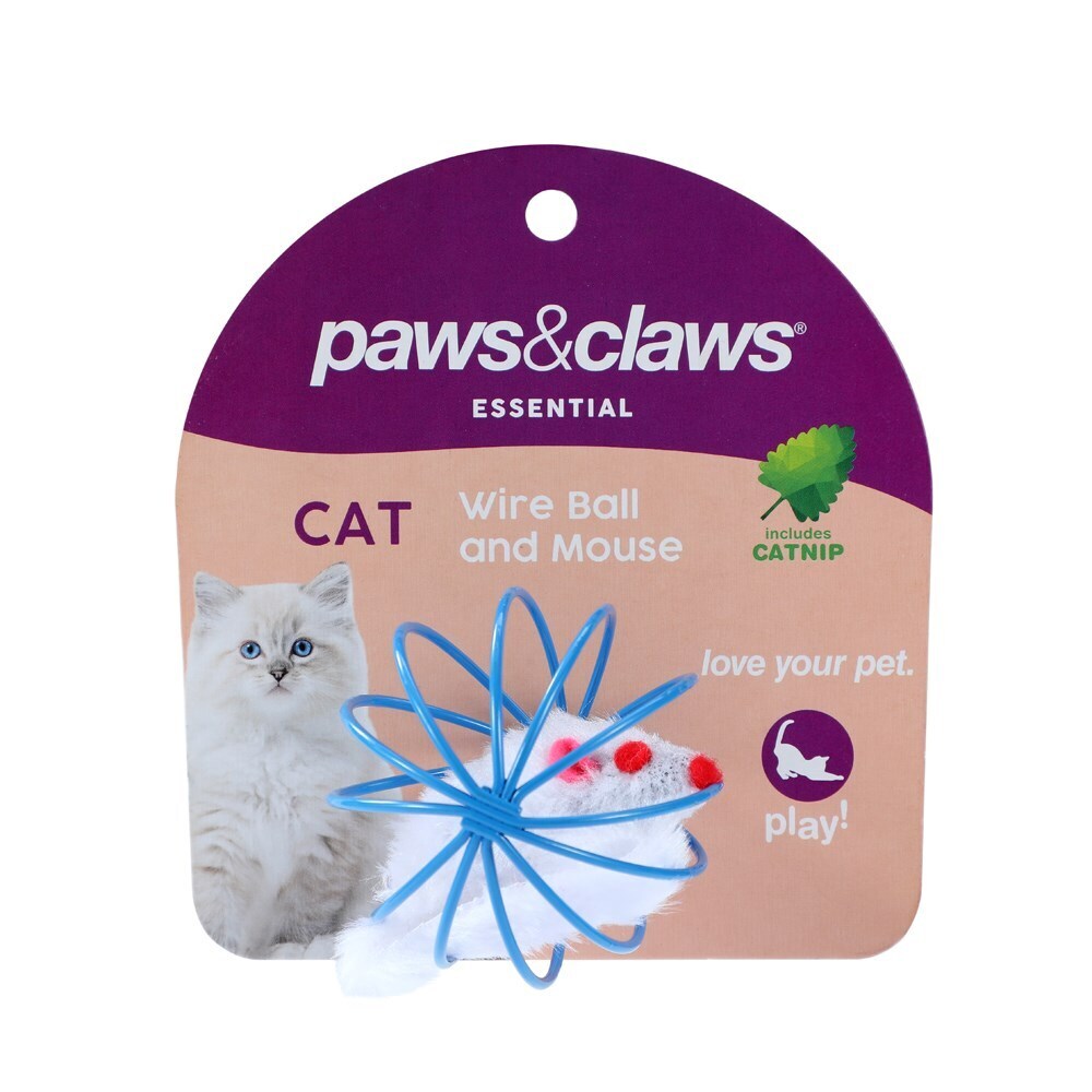 Paws &amp; Claws Wire Ball &amp; Mouse Catnip Toy Blue 6cm