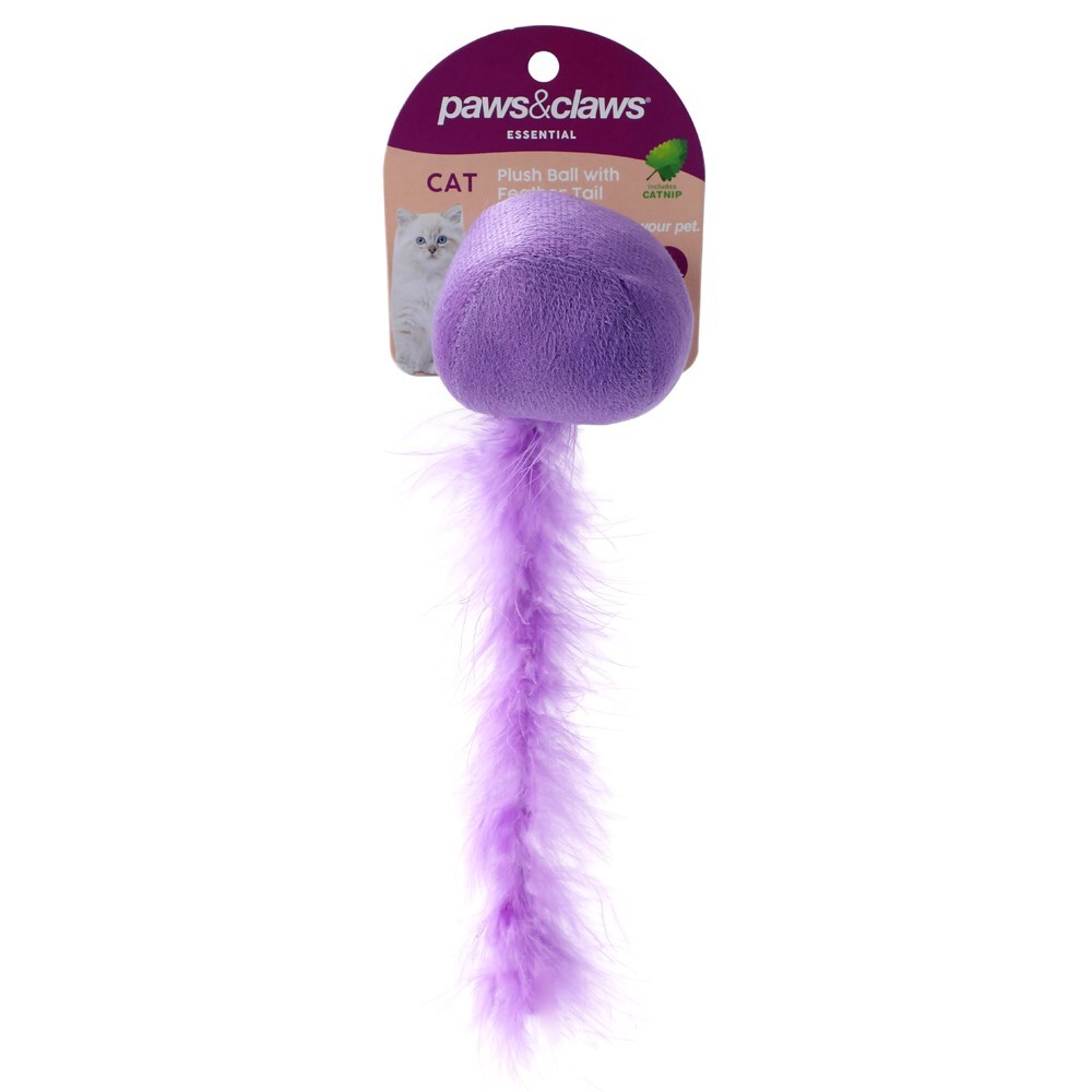 Paws &amp; Claws Plush Catnip Ball w/ Feather Tail 20X5cm Assorted
