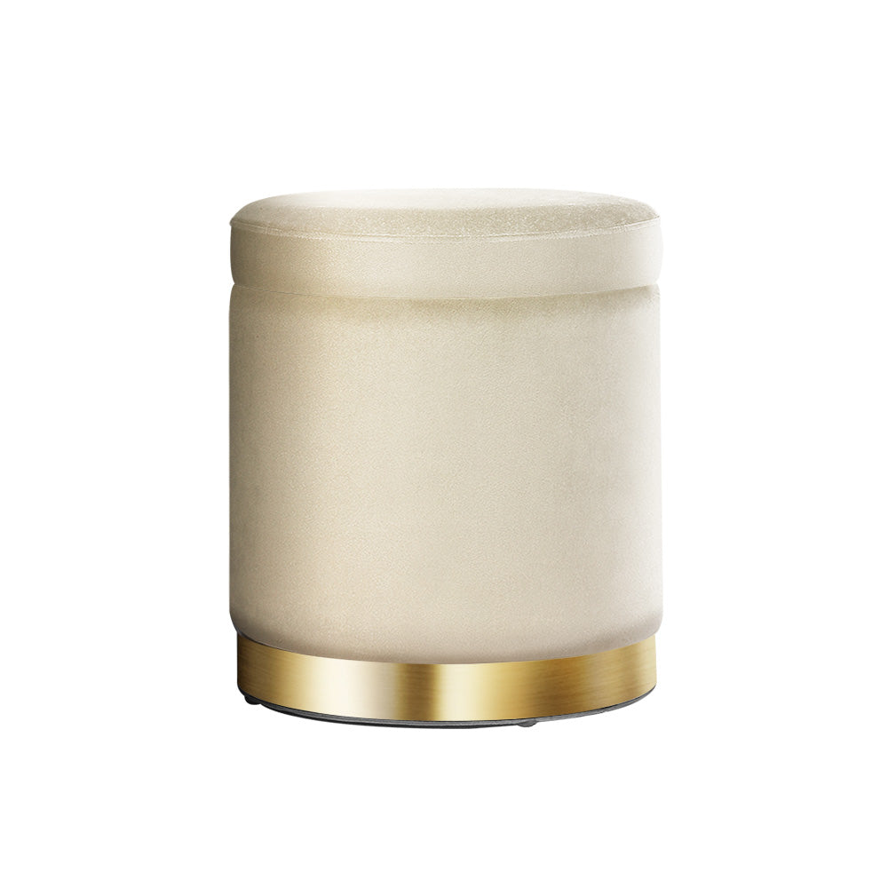 Artiss Round Velvet Ottoman with Storage Cream