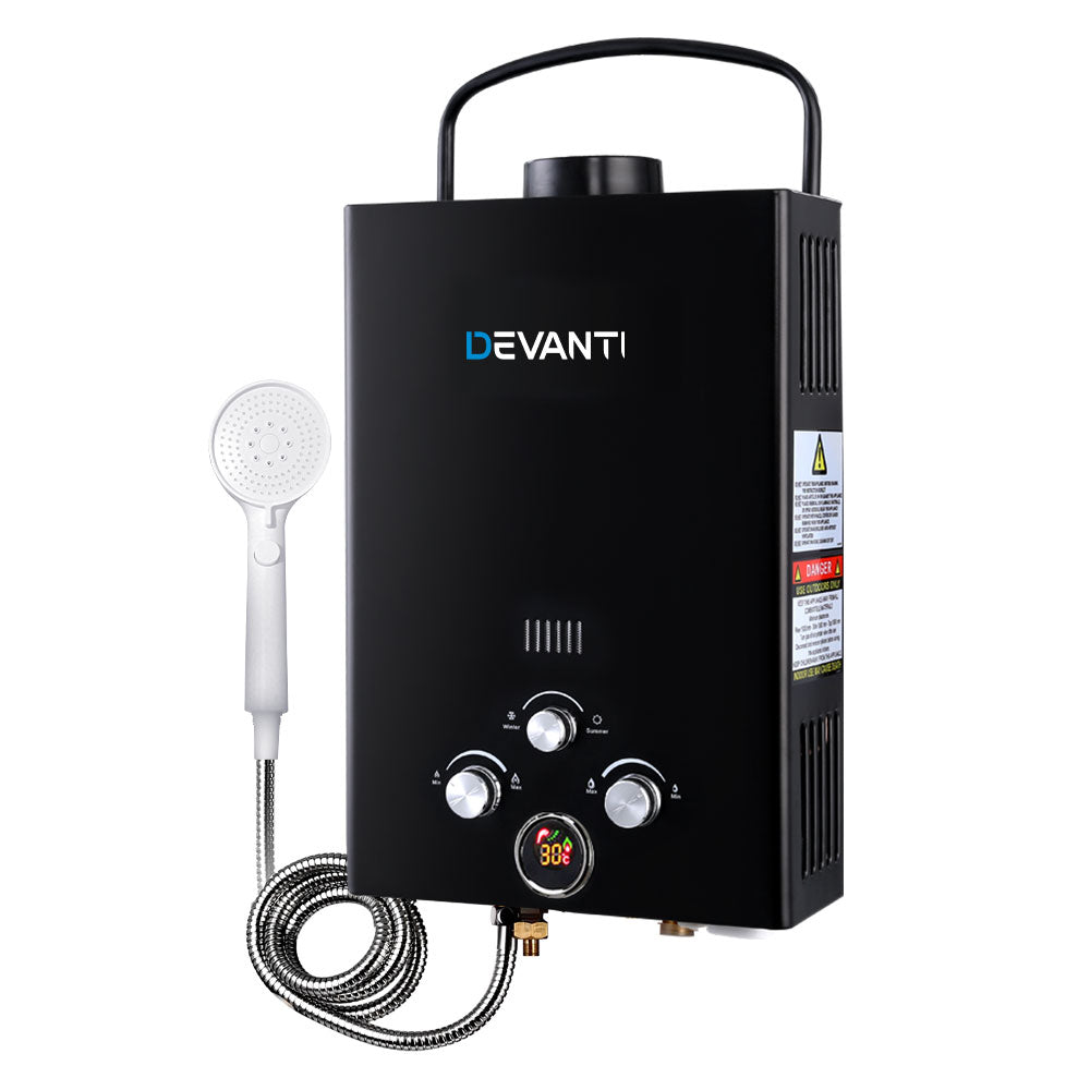 Devanti Portable Camping Gas Water Heater Black With Pump