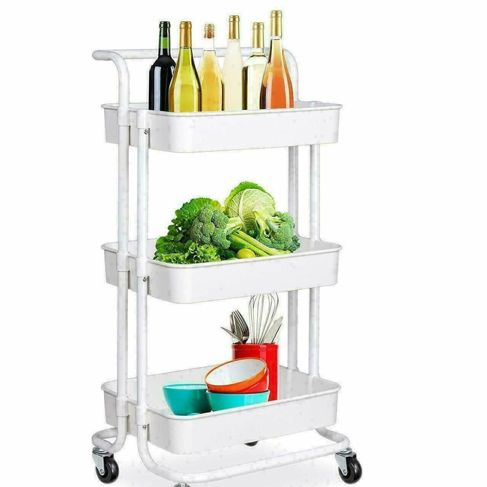 Viviendo 3 Tier Organiser Trolley in Carbon steel &amp; Plastic with Omnidirectional Wheels and Metal Frame With Handle - White