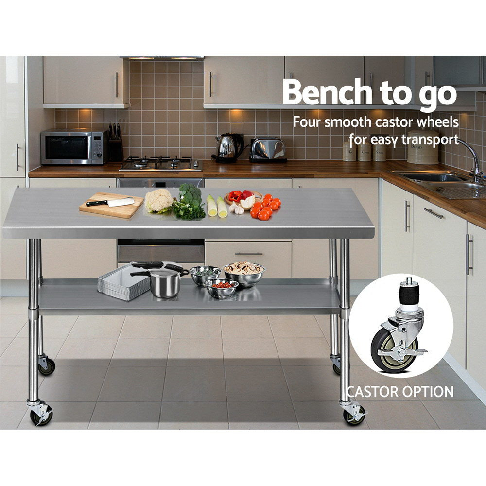 Cefito 182.9cmx76cm Stainless Steel Kitchen Bench Prep Table with Wheels