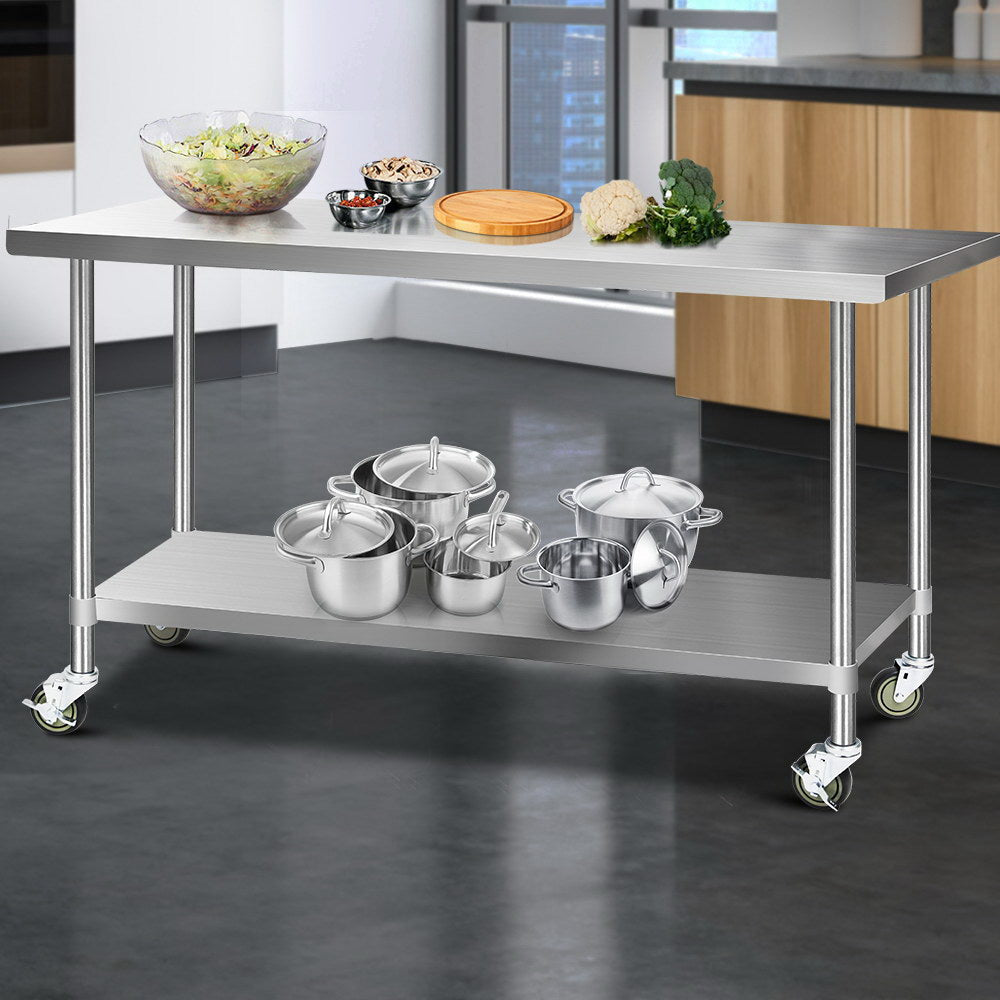 Cefito 182.9cmx76cm Stainless Steel Kitchen Bench Prep Table with Wheels
