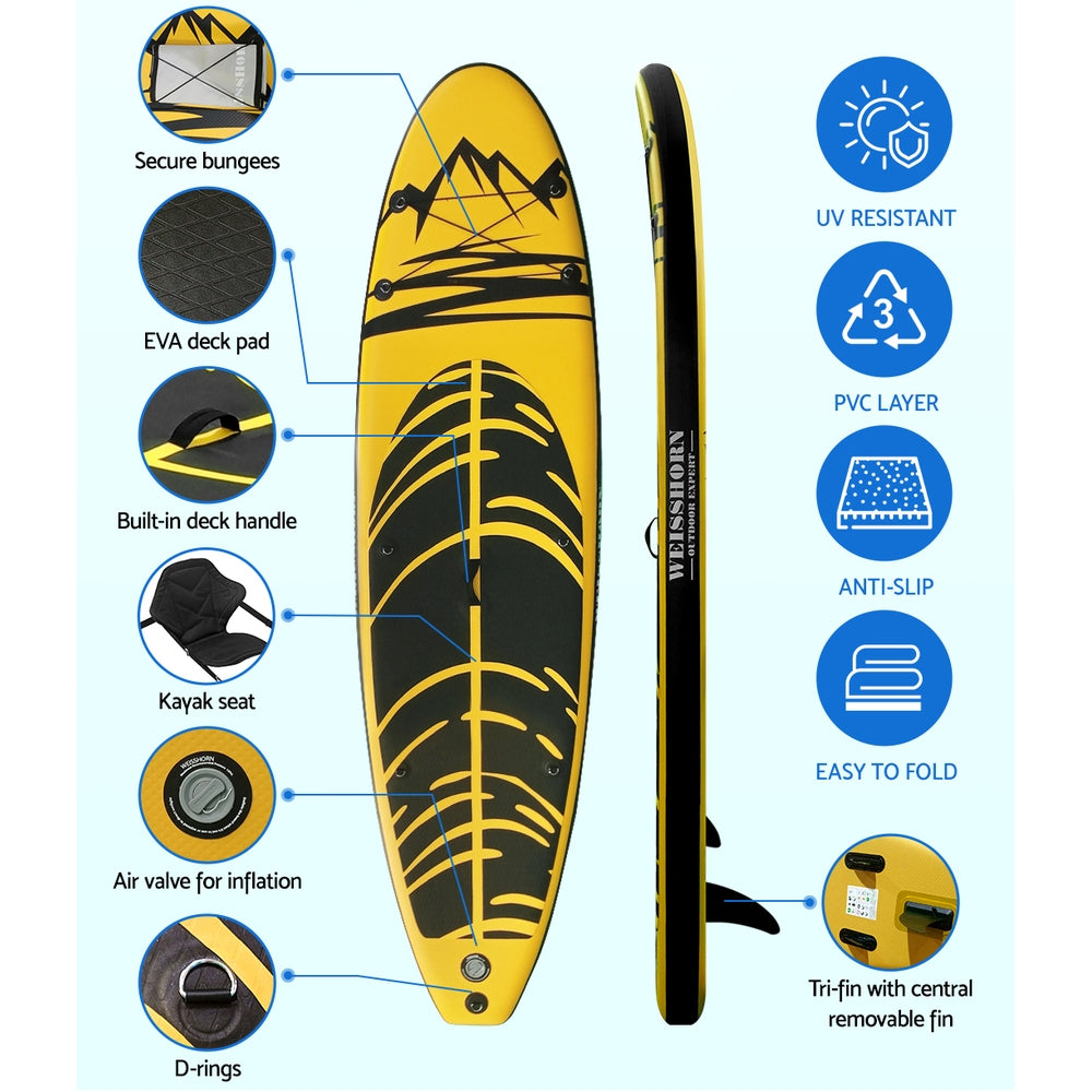 Weisshorn 10ft Inflatable Surfboard with Kayak Paddleboard - Yellow
