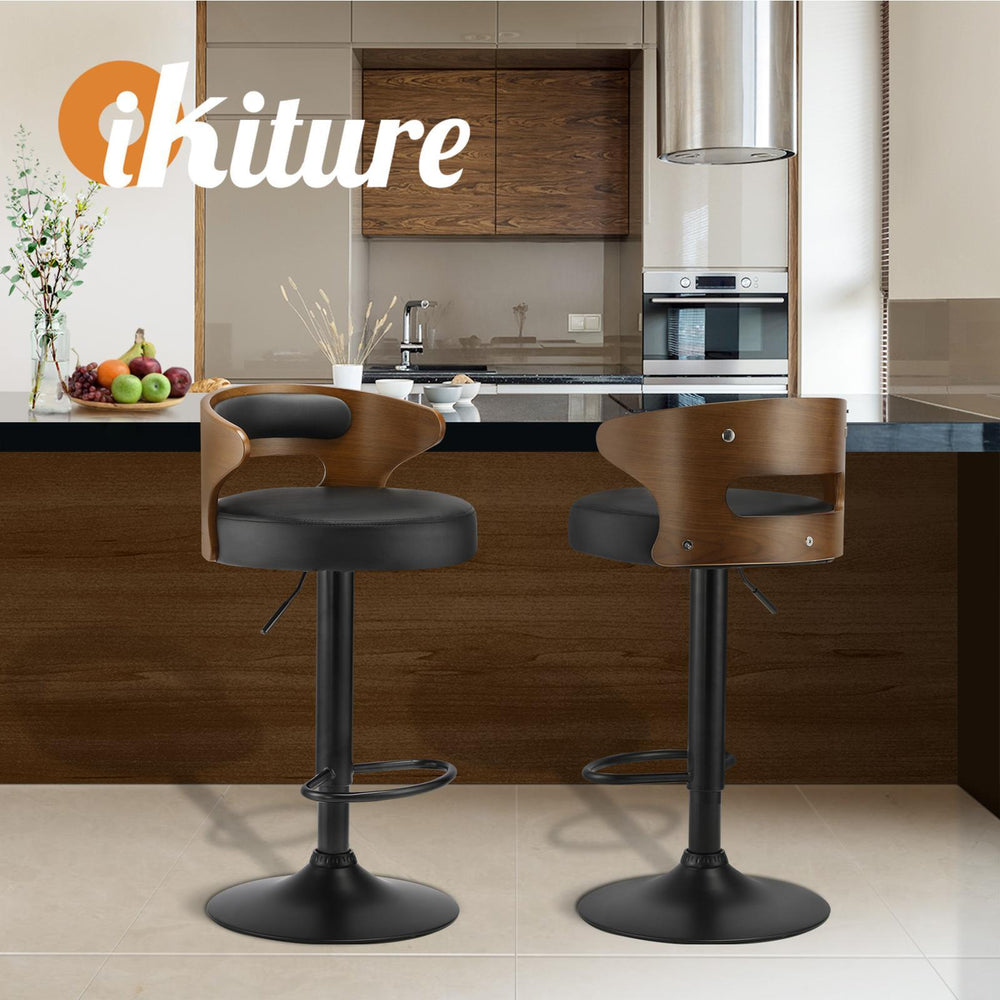 Oikiture 2x Bar Stools Kitchen Gas Lift Swivel Chairs Stool Wooden Barstool Black
