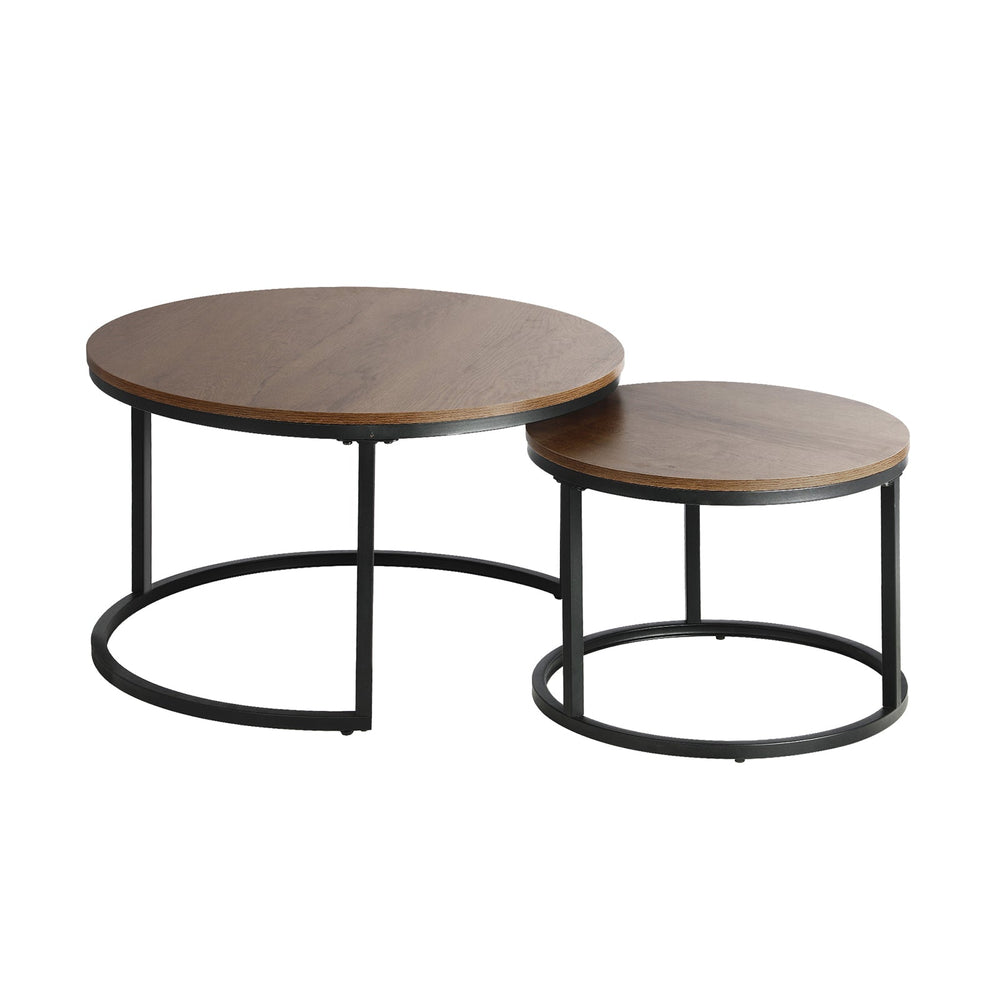 Oikiture Set of 2 Coffee Table Round Nesting Side End Table Walnut &amp; Black