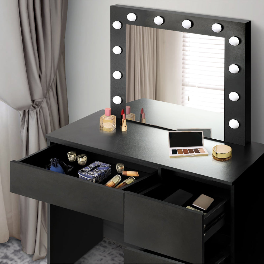 Oikiture Dressing Table Stool Set Makeup Desk Mirror Storage Drawer 12 LED Bulbs