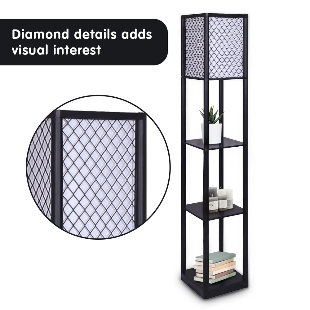 Sarantino Etagere Floor Lamp Diamond Design Fabric Shade Shelves Black
