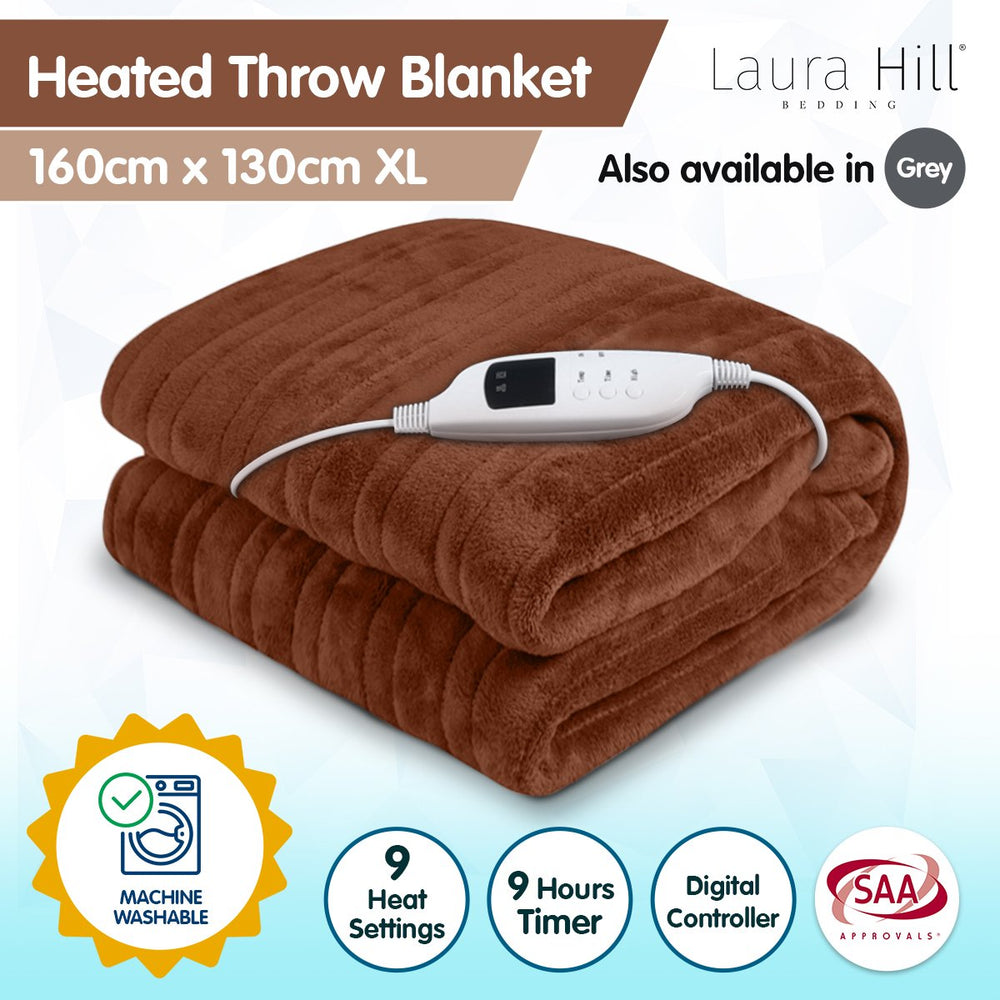 Heated Electric Blanket Throw Rug Coral Warm Fleece Winter Brown