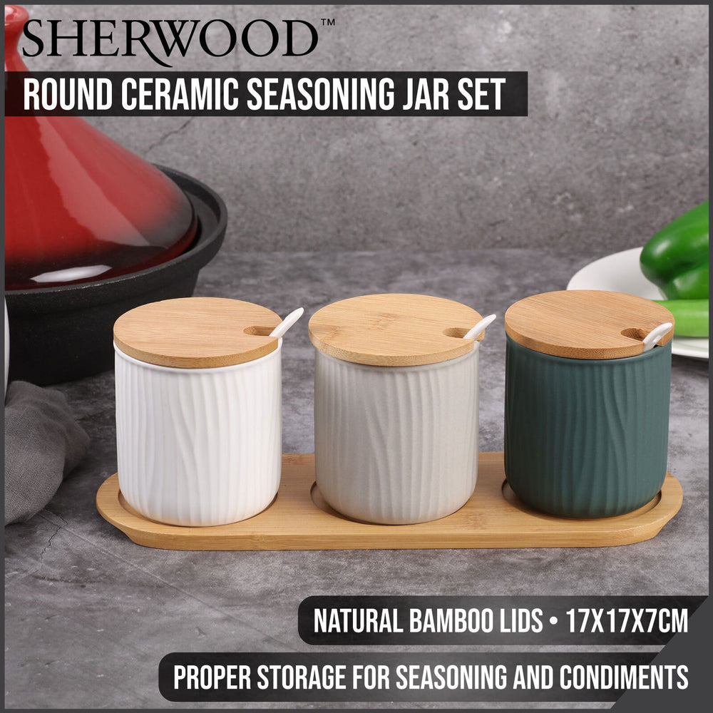 Sherwood Home Round Ceramic Bamboo Seasoning Jar Set - Green, White, Beige - 28.5x9.5x10cm