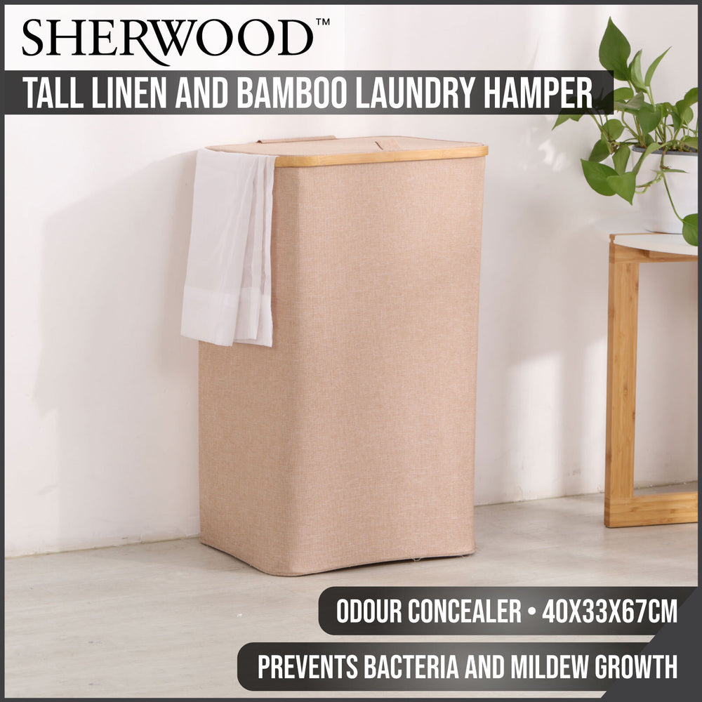Sherwood Home Tall Rectangular Linen and Bamboo Laundry Hamper with Cover Rose Gold 40x33x67cm
