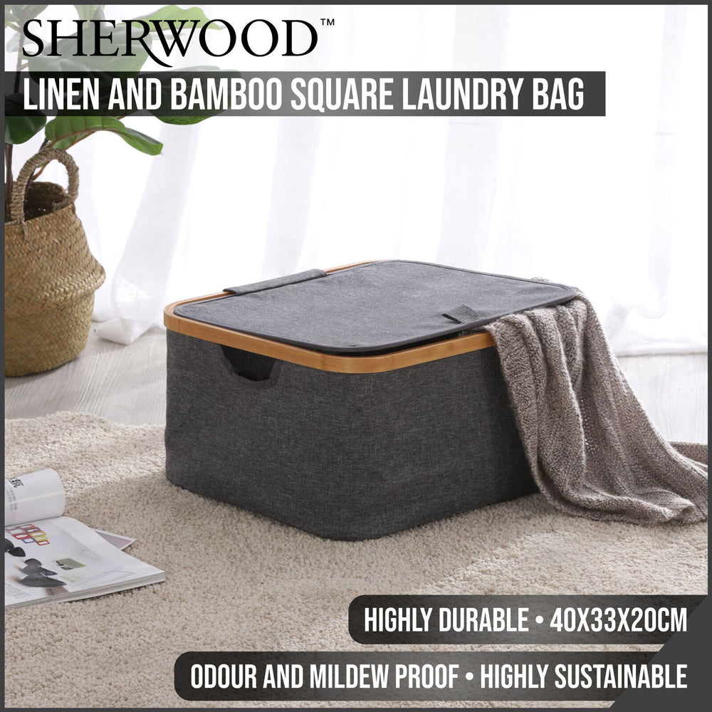 Sherwood Home Linen &amp; Bamboo Square Laundry Bag With Cover 40X33X20Cm
