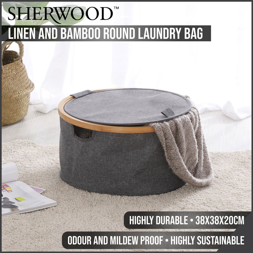 Sherwood Home Linen &amp; Bamboo Round Laundry Bag With Cover 38X38X20Cm