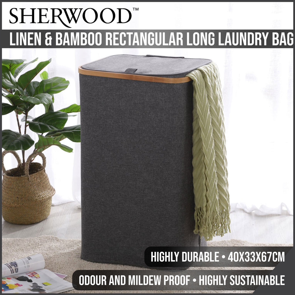 Sherwood Home Linen and Bamboo Rectangular Long Laundry Bag with Cover 40x33x67cm