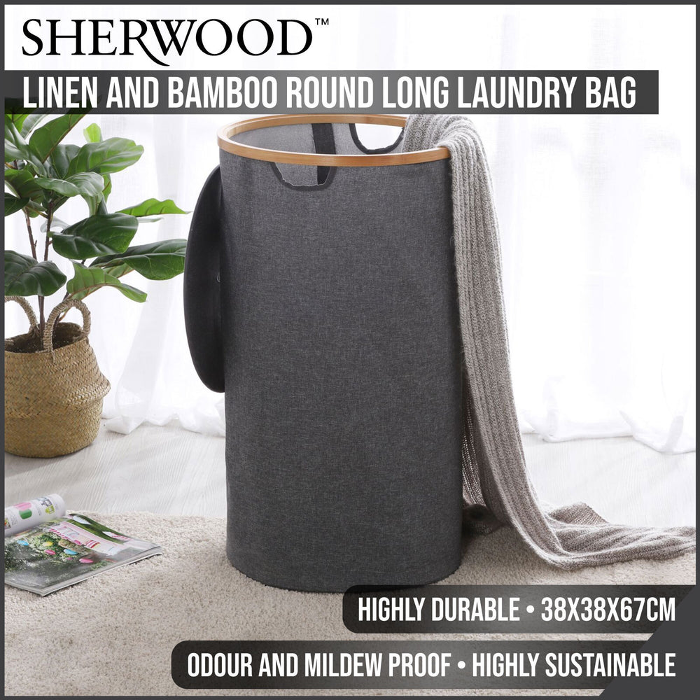 Sherwood Home Linen &amp; Bamboo Round Long Laundry Bag With Cover 38X38X67Cm