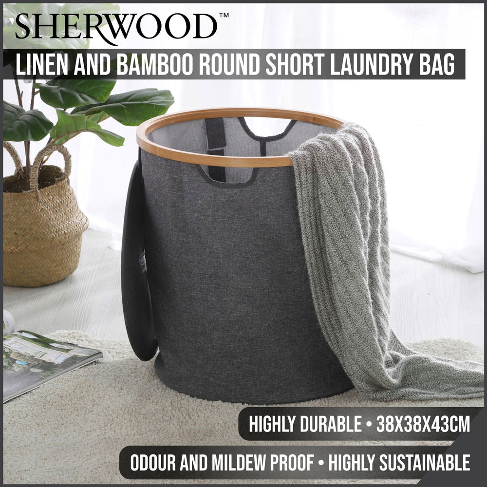 Sherwood Home Linen &amp; Bamboo Round Short Laundry Bag With Cover 38X38X43Cm