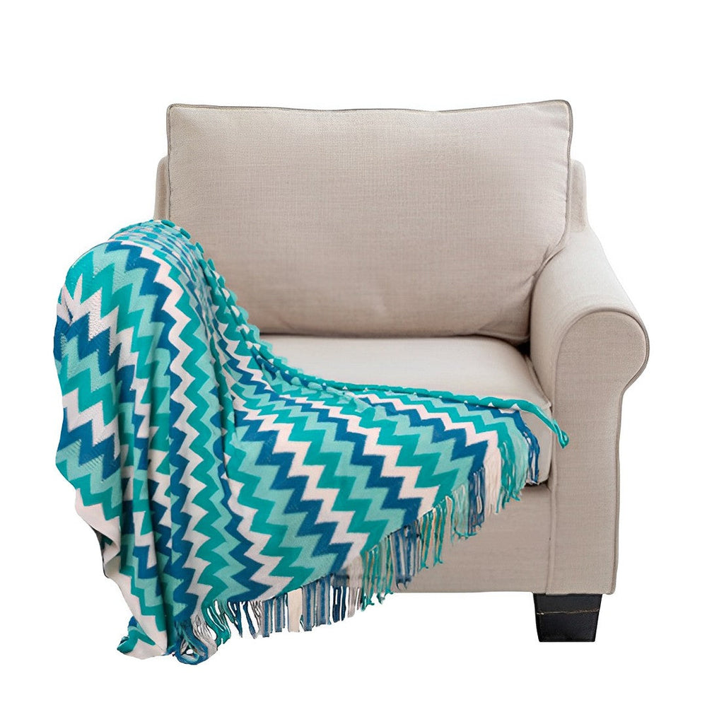 SOGA 170cm Blue Zigzag Striped Throw Blanket Acrylic Wave Knitted Fringed Woven Cover Couch Bed Sofa Home Decor