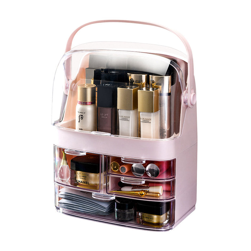 SOGA 3 Tier Pink Countertop Makeup Cosmetic Storage Organiser Skincare Holder Jewelry Storage Box with Handle