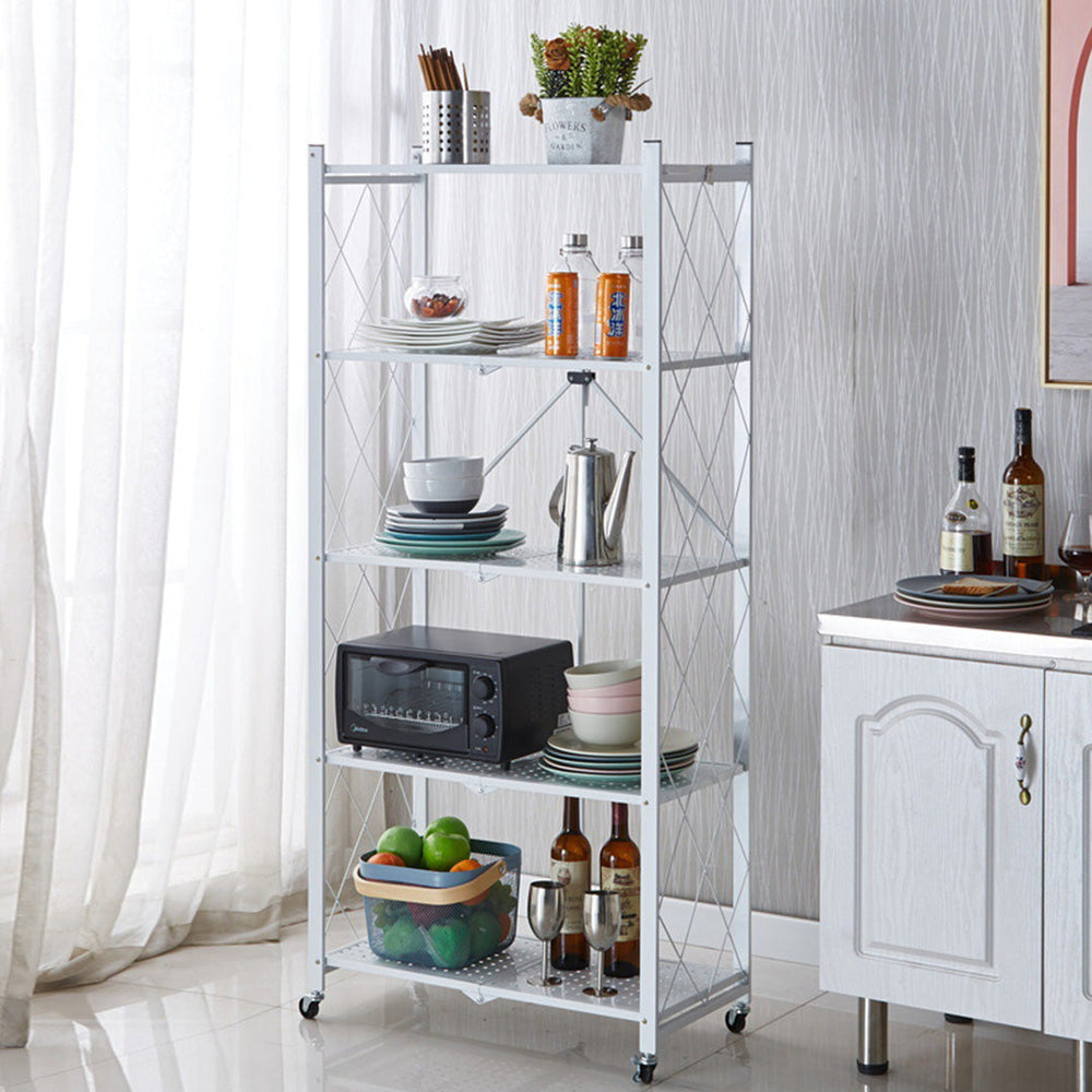 SOGA 5 Tier Steel White Foldable Kitchen Cart Multi-Functional Shelves Storage Organizer with Wheels