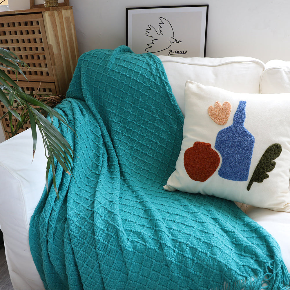 SOGA Teal Diamond Pattern Knitted Throw Blanket Warm Cozy Woven Cover Couch Bed Sofa Home Decor with Tassels