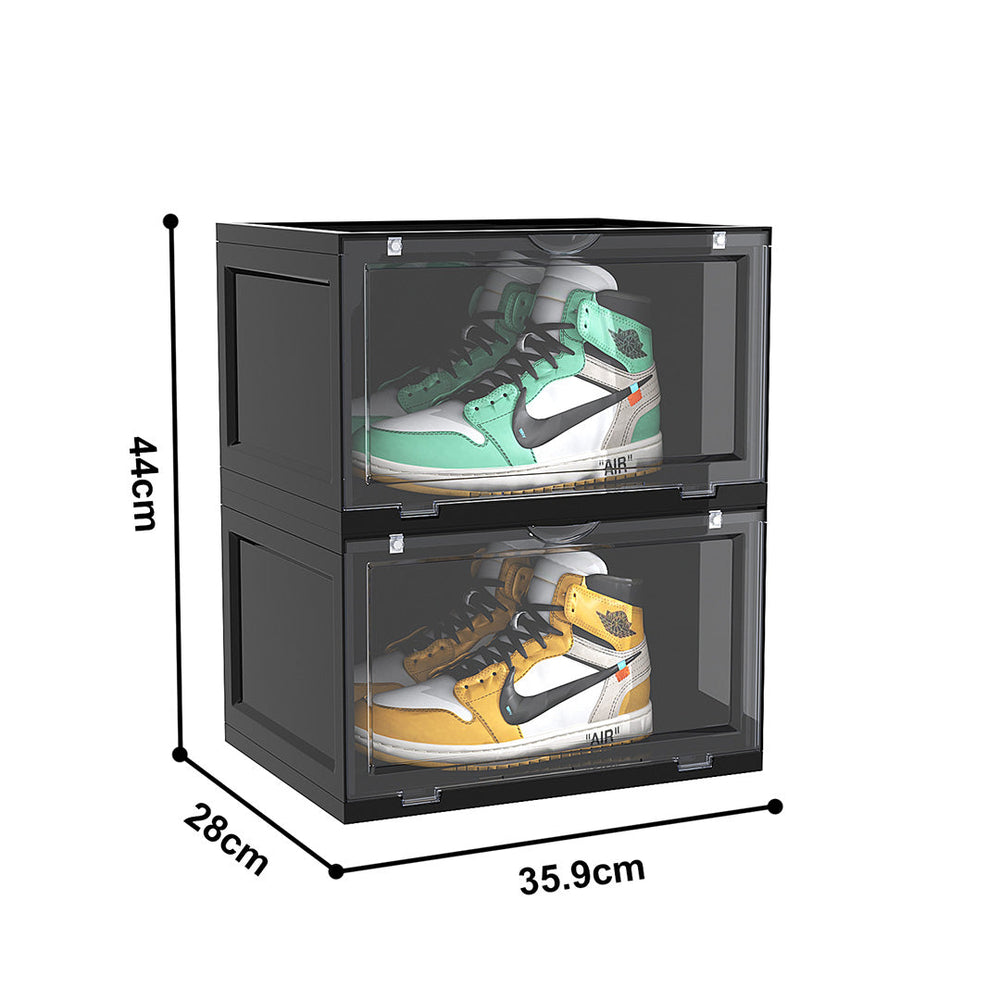 SOGA 2 Tier Black Portable Shoe Organiser Sneaker Footwear Folding Plastic Bin Stackable Storage Box with Magnetic Door