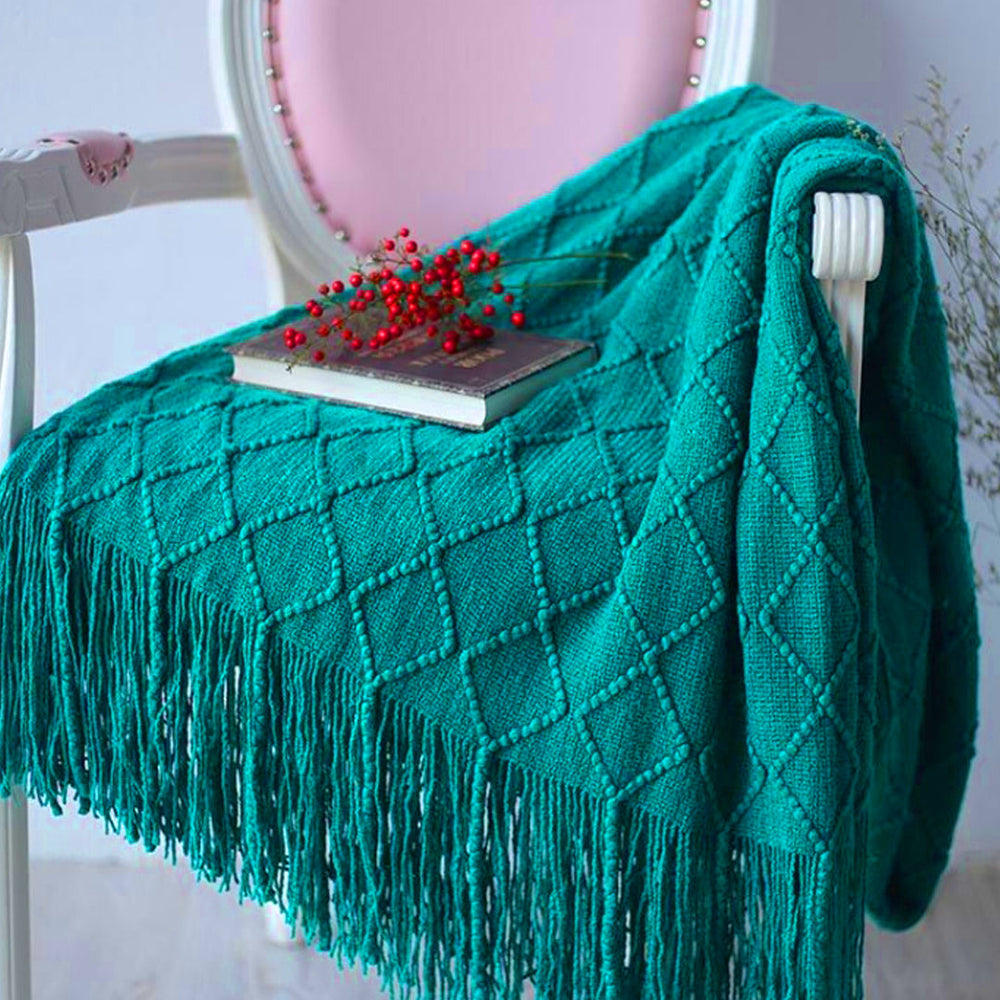 SOGA Teal Diamond Pattern Knitted Throw Blanket Warm Cozy Woven Cover Couch Bed Sofa Home Decor with Tassels