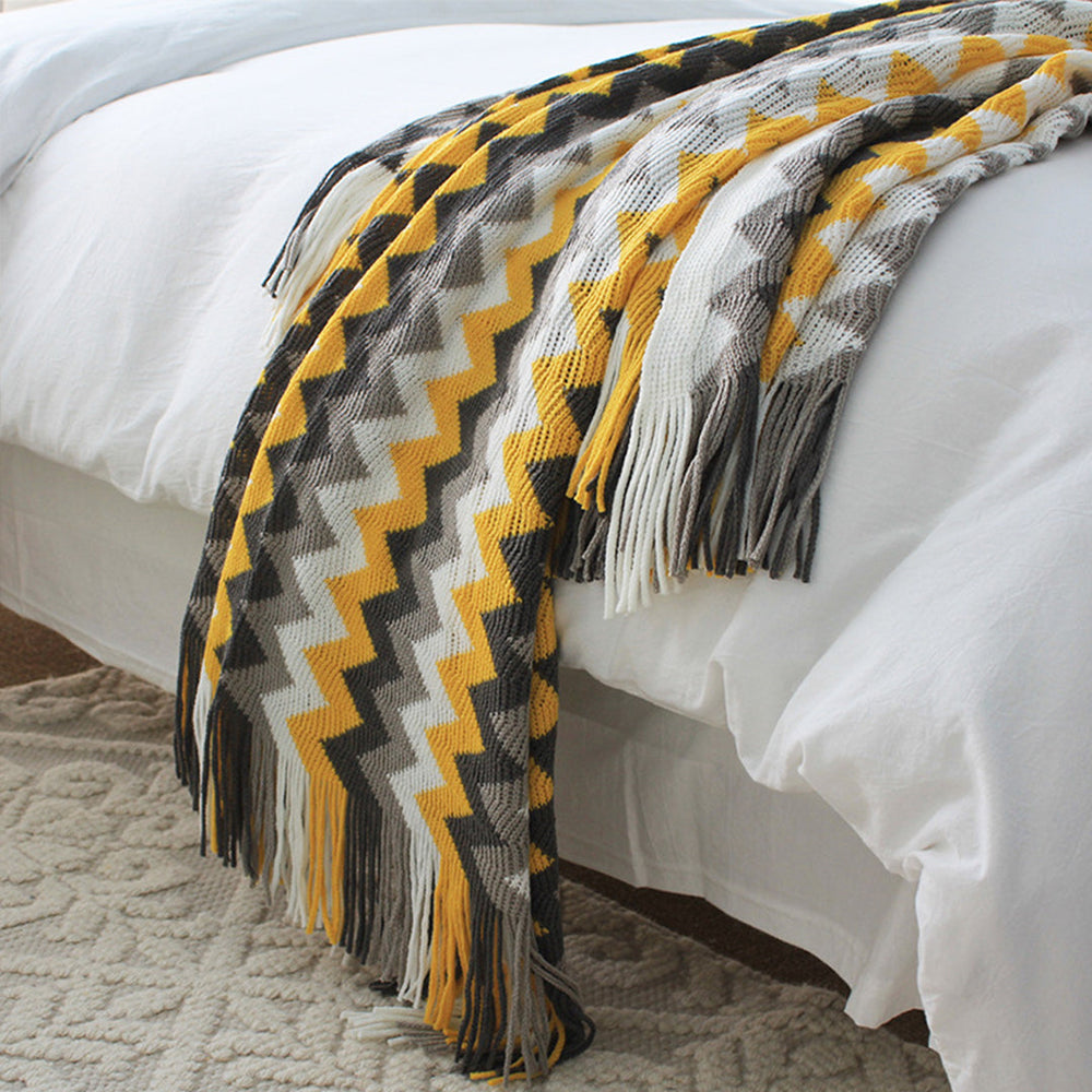 SOGA 2X 220cm Yellow Zigzag Striped Throw Blanket Acrylic Wave Knitted Fringed Woven Cover Couch Bed Sofa Home Decor