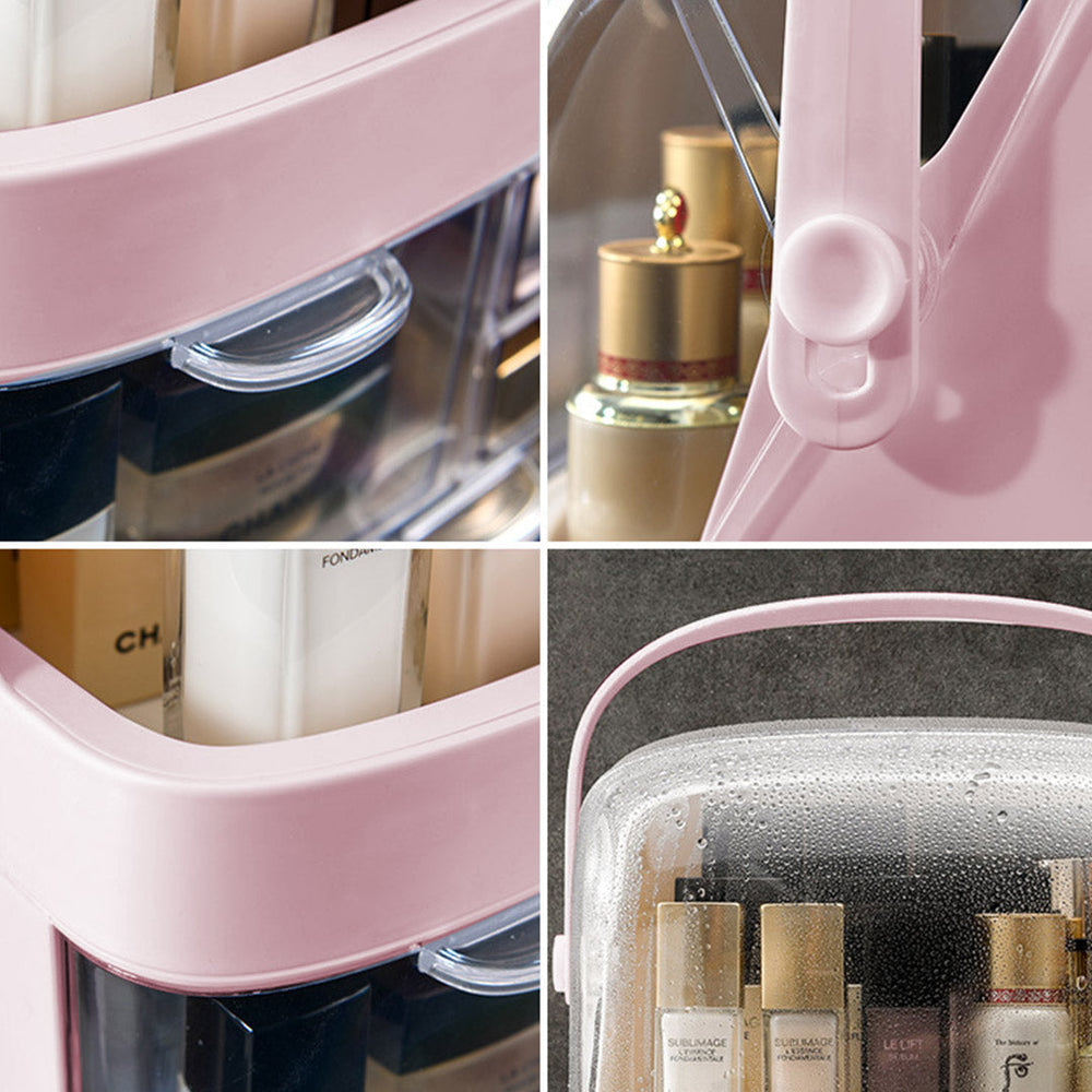 SOGA 2 Tier Pink Countertop Makeup Cosmetic Storage Organiser Skincare Holder Jewelry Storage Box with Handle