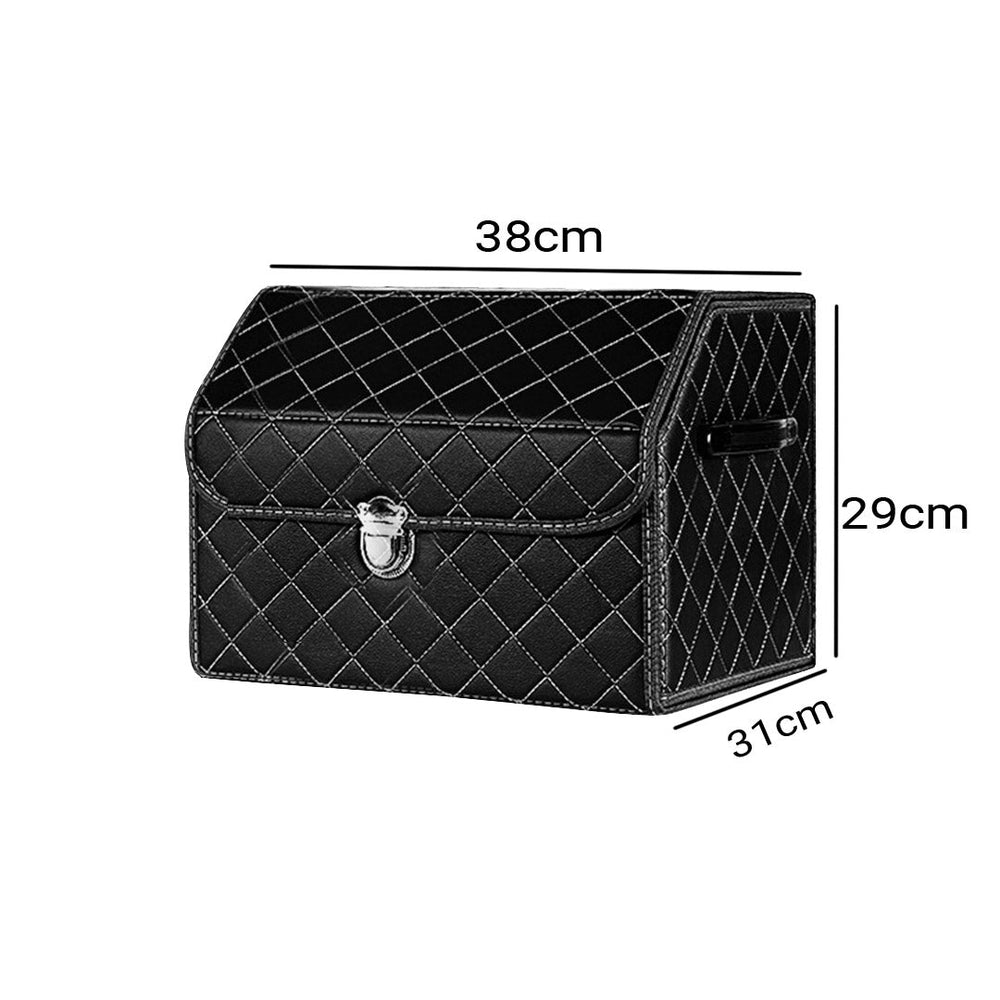 SOGA Leather Car Boot Collapsible Foldable Trunk Cargo Organizer Portable Storage Box Black/White Stitch with Lock Small