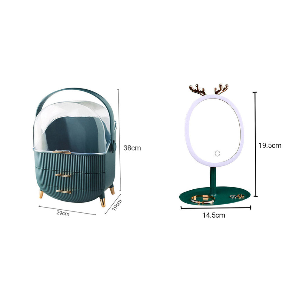 SOGA Green Cosmetic Jewelry Storage Organiser with Antler LED Light Mirror Tabletop Vanity Set