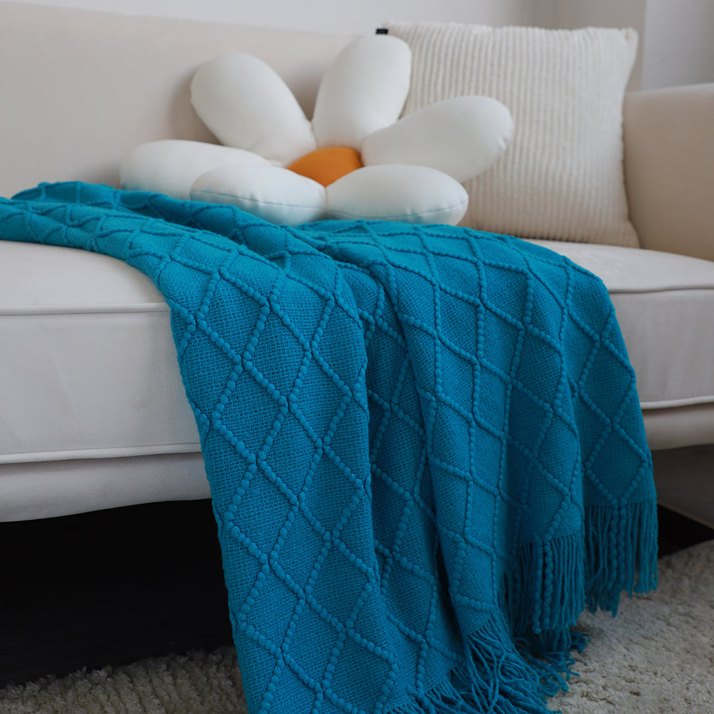 SOGA 2X Blue Diamond Pattern Knitted Throw Blanket Warm Cozy Woven Cover Couch Bed Sofa Home Decor with Tassels