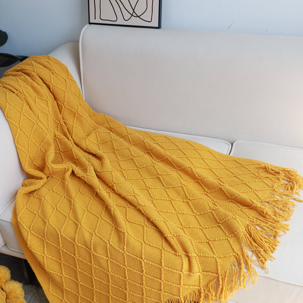 SOGA 2X Yellow Diamond Pattern Knitted Throw Blanket Warm Cozy Woven Cover Couch Bed Sofa Home Decor with Tassels