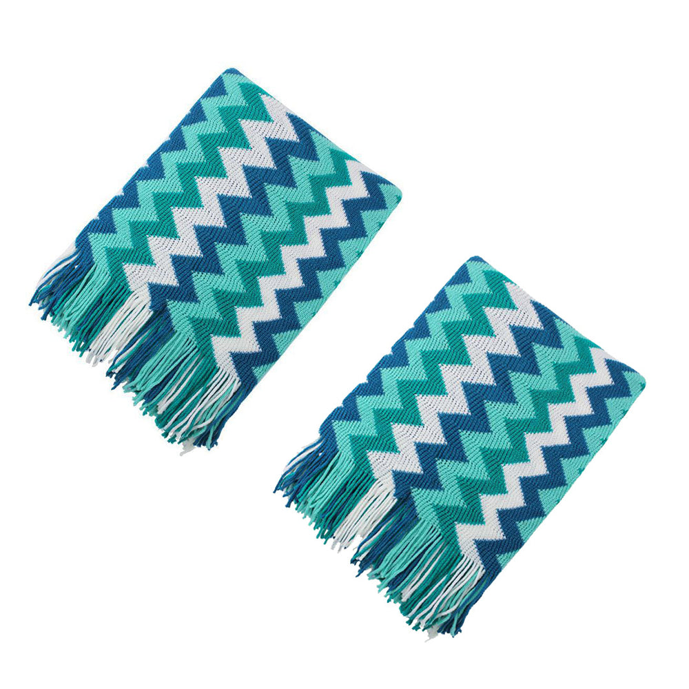 SOGA 2X 220cm Blue Zigzag Striped Throw Blanket Acrylic Wave Knitted Fringed Woven Cover Couch Bed Sofa Home Decor