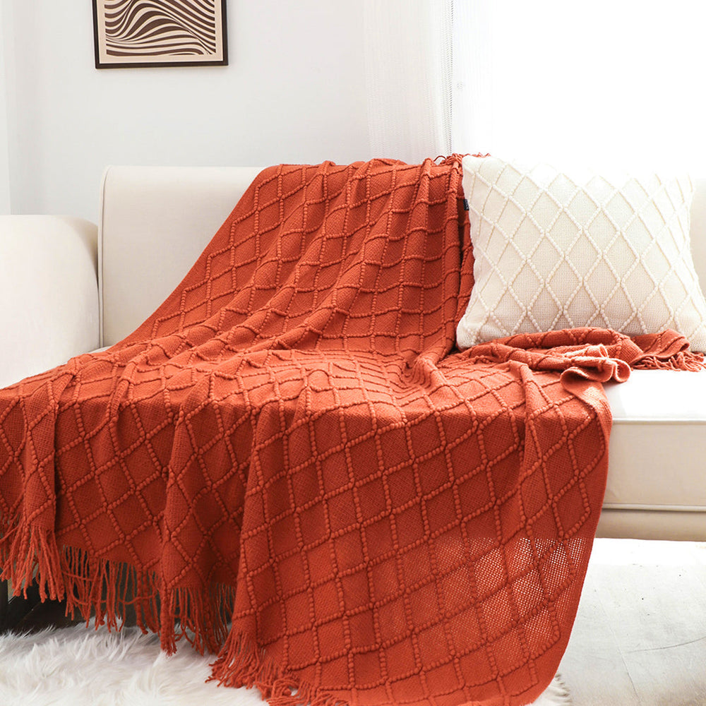 SOGA Red Diamond Pattern Knitted Throw Blanket Warm Cozy Woven Cover Couch Bed Sofa Home Decor with Tassels