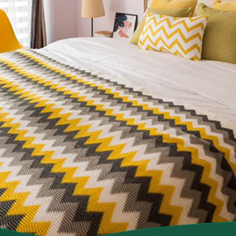 SOGA 2X 220cm Yellow Zigzag Striped Throw Blanket Acrylic Wave Knitted Fringed Woven Cover Couch Bed Sofa Home Decor