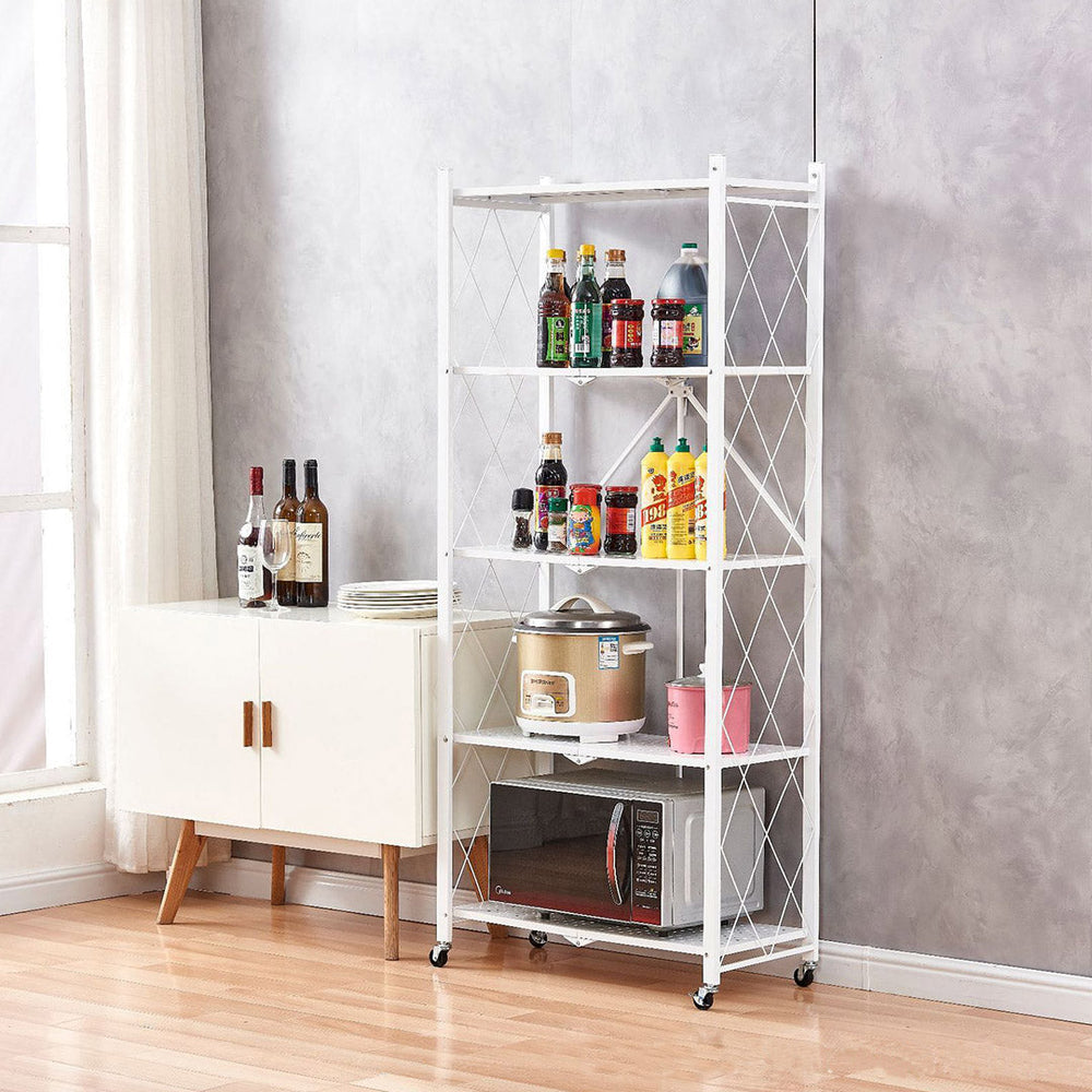 SOGA 5 Tier Steel White Foldable Kitchen Cart Multi-Functional Shelves Storage Organizer with Wheels