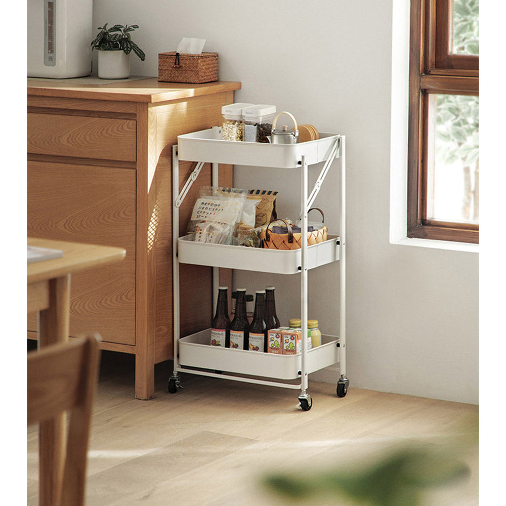 SOGA 3 Tier Steel White Foldable Kitchen Cart Multi-Functional Shelves Storage Organizer with Wheels