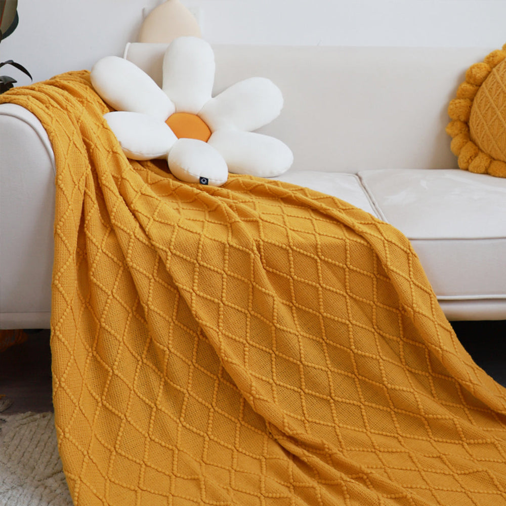 SOGA 2X Yellow Diamond Pattern Knitted Throw Blanket Warm Cozy Woven Cover Couch Bed Sofa Home Decor with Tassels