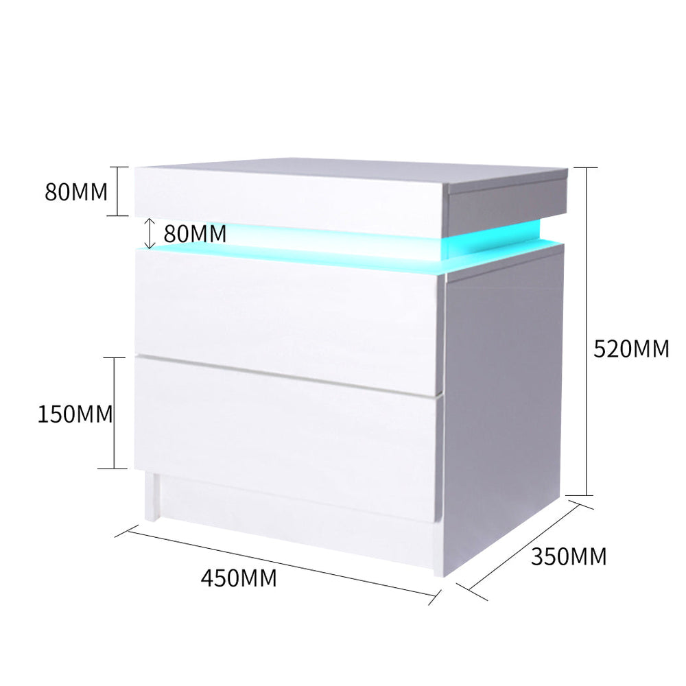 Levede Bedside Tables RGB LED Side Table 2 Drawers High Gloss Nightstand Cabinet