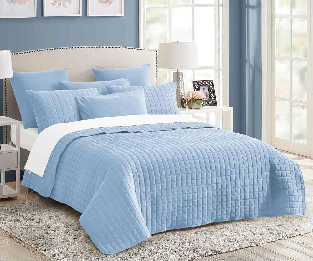 Abhomefashion 7 Piece Vintage Stone Wash Comforter/Bedspread/Coverlet Set King Blue