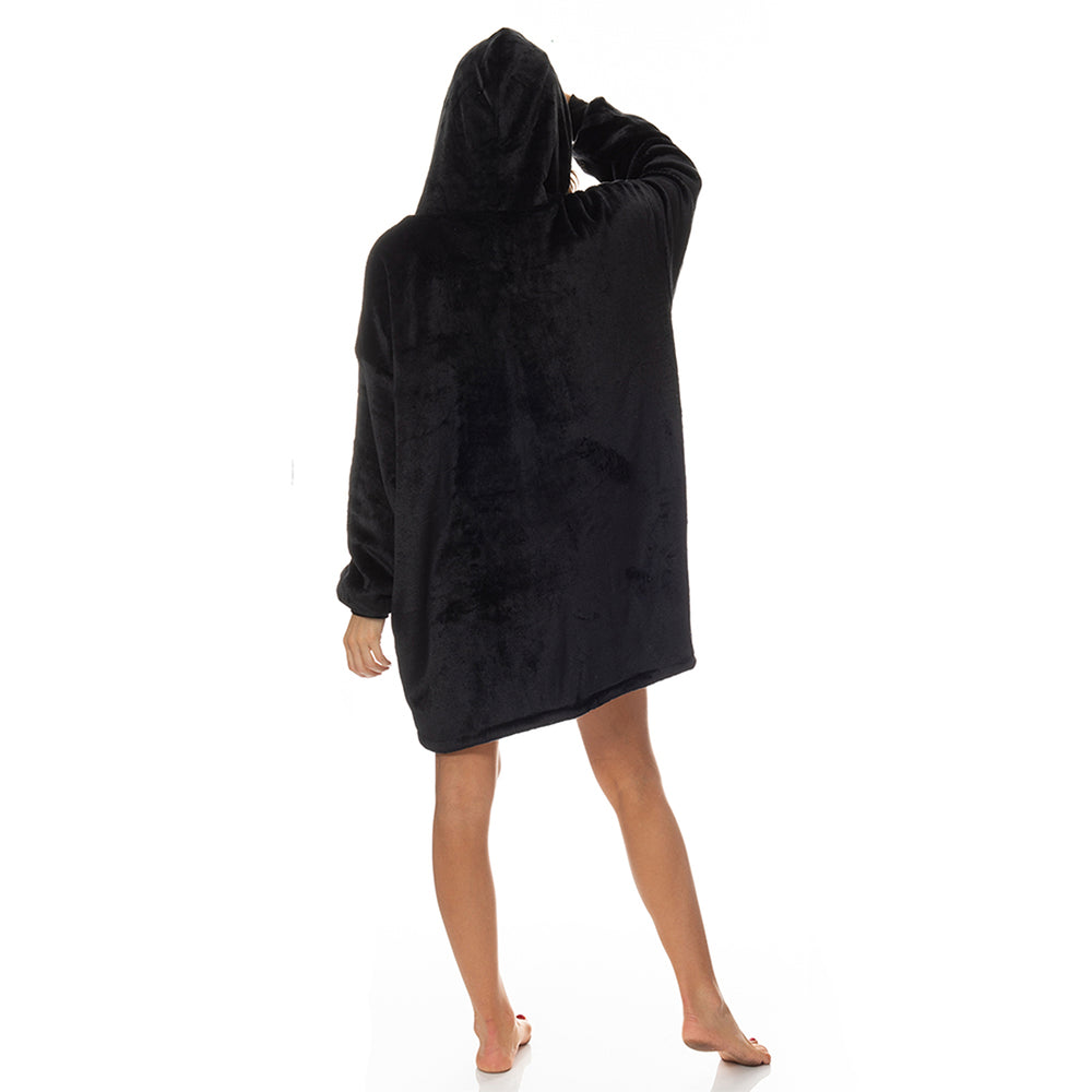 Royal Comfort Snug Hoodie Nightwear Super Soft Reversible Coral Fleece 750GSM One Size Black