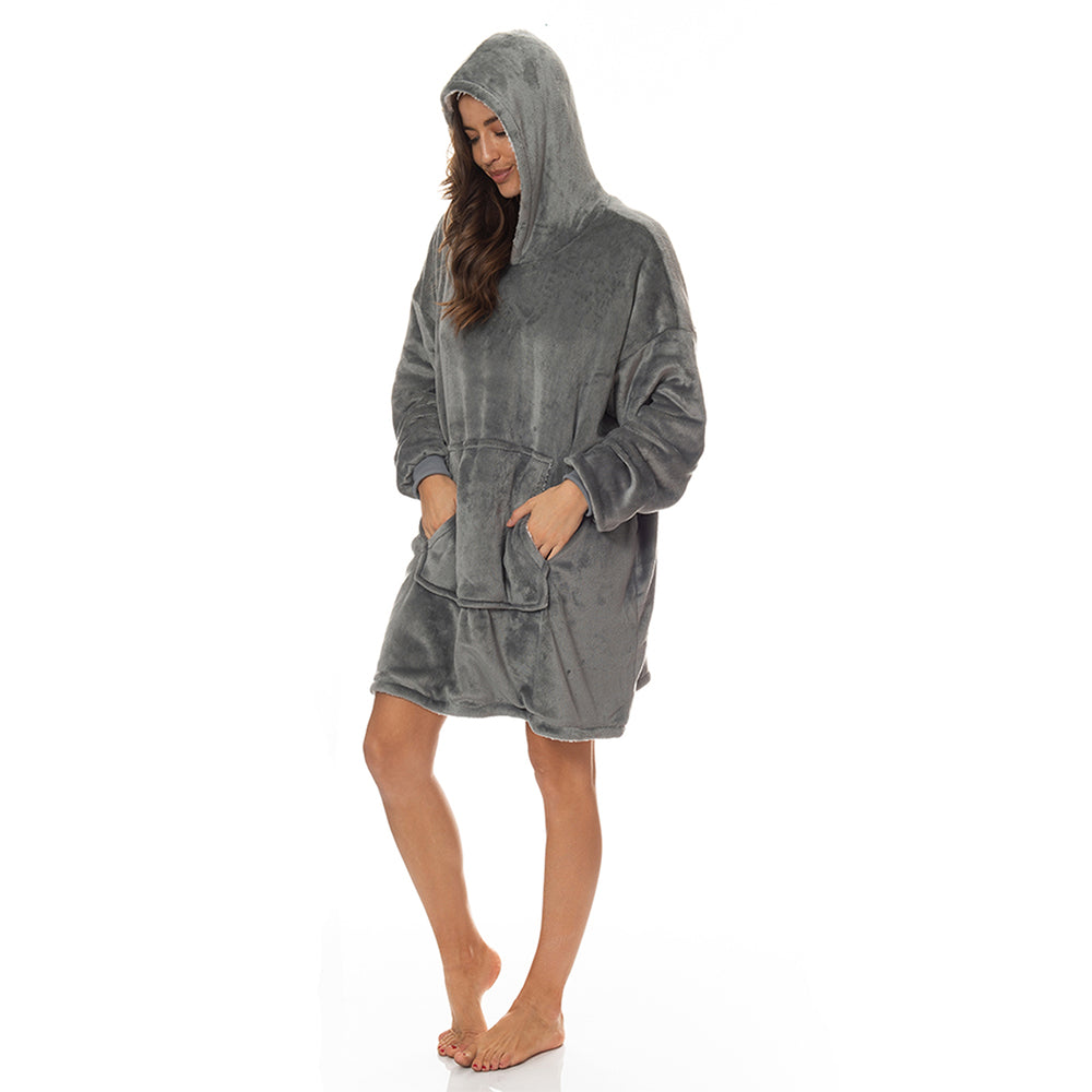 Royal Comfort Snug Hoodie Nightwear Super Soft Reversible Coral Fleece 750GSM One Size Grey