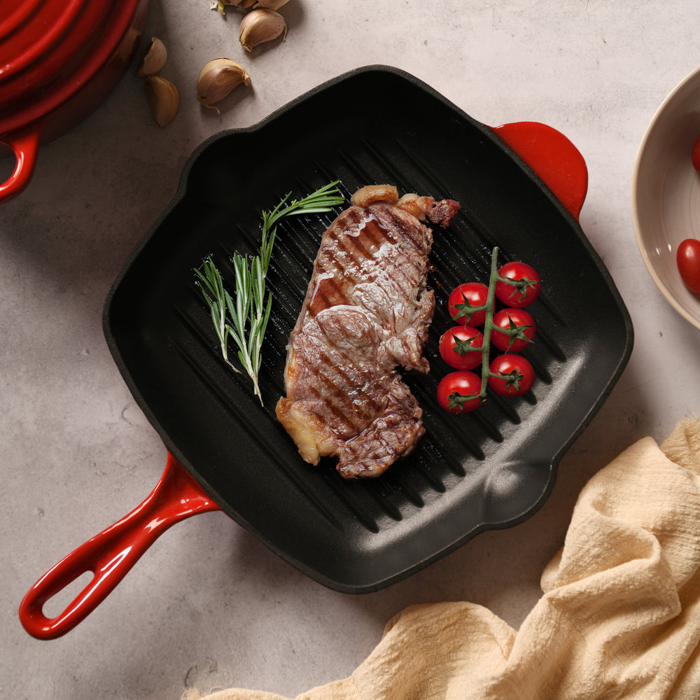 Gourmet Kitchen Cast Iron Square Grill Pan 28cm Black Cherry Red
