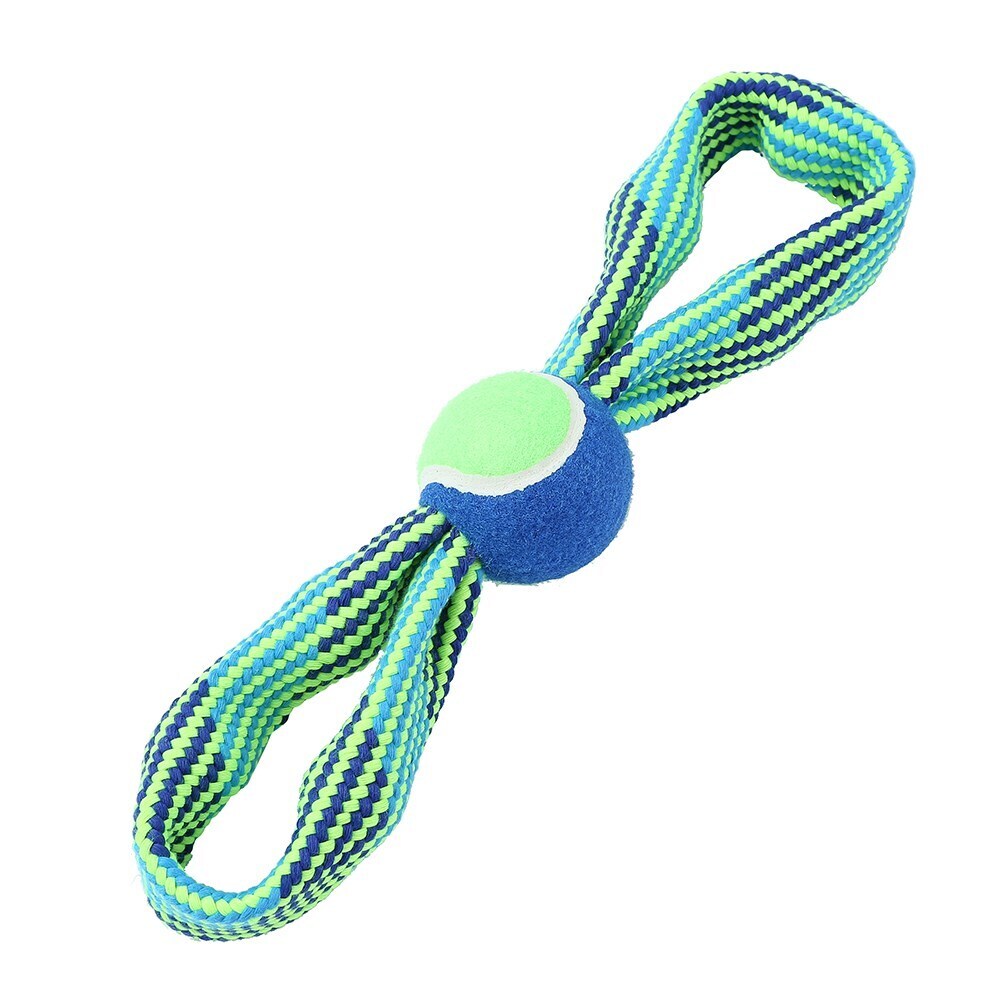 Paws &amp; Claws Tug-Of-War Double Loop Rope W/ Tennis Ball &amp; Squeakers 33cm Blue/Green